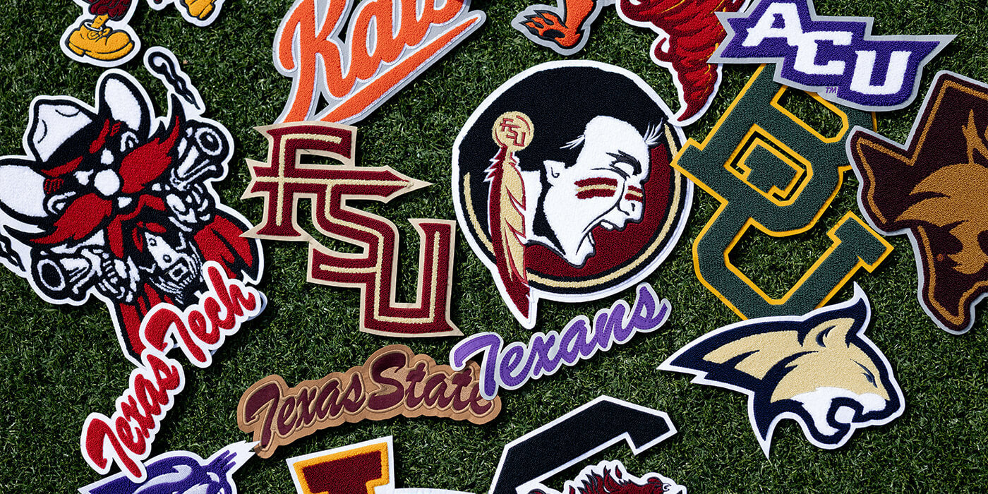 Chenille collegiate patches on a football field