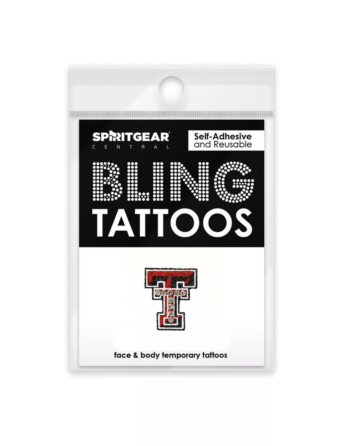Package of bling tattoos with a Texas Tech logo on a white background