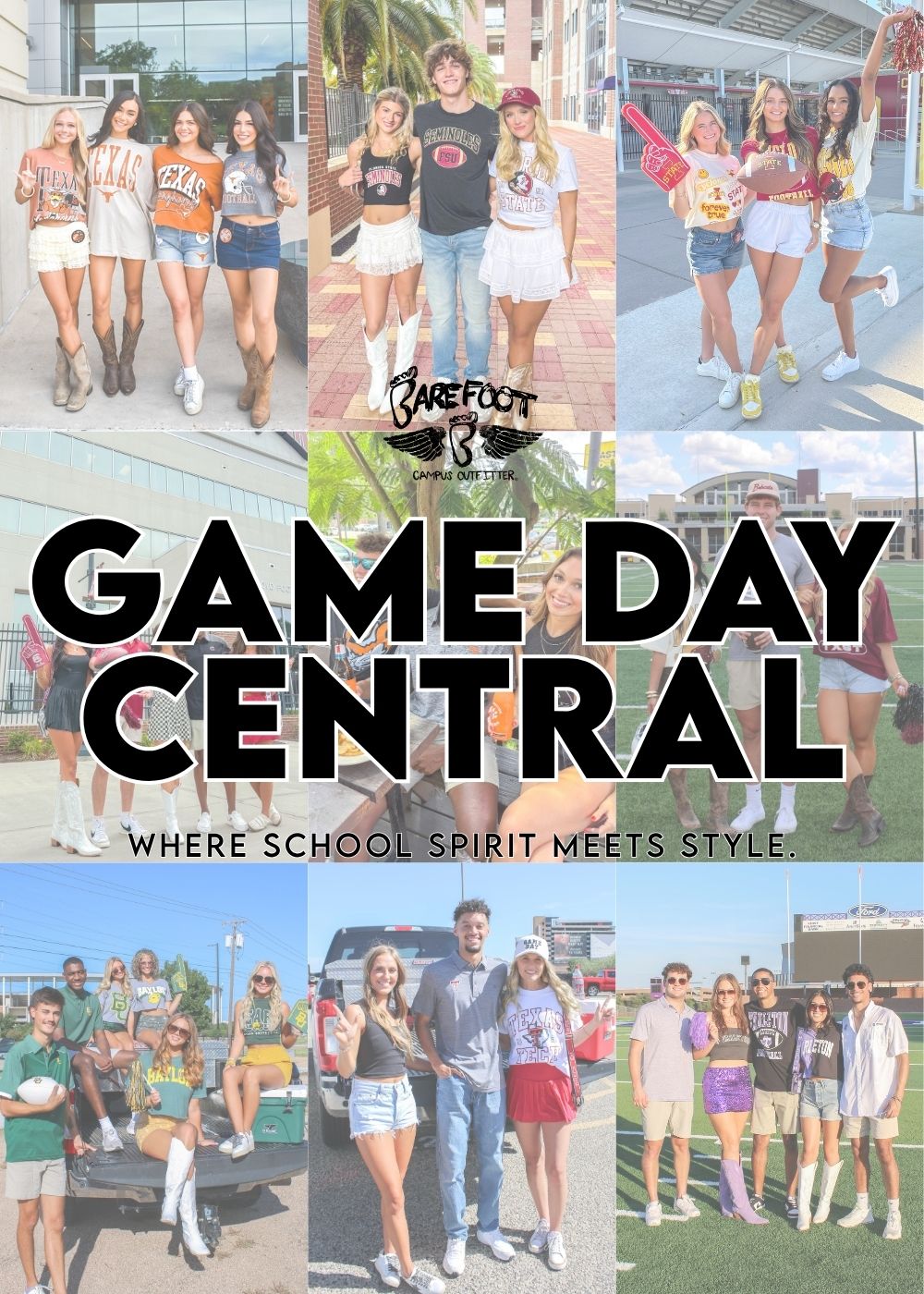Collage of students wearing various college sports apparel, smiling and socializing outdoors. Text: "Game Day Central" and "Where School Spirit Meets Style."