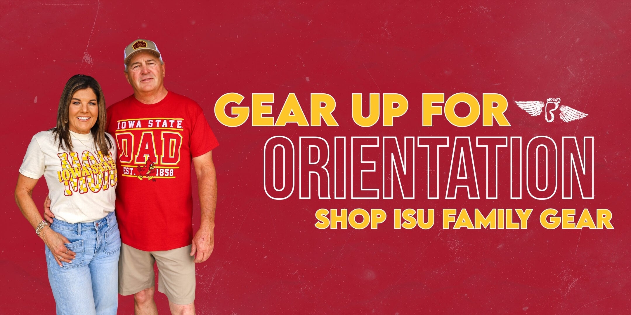 A smiling couple wearing Iowa State-themed T-shirts stand against a red background. Text reads, "Gear Up For Orientation. Shop ISU Family Gear."