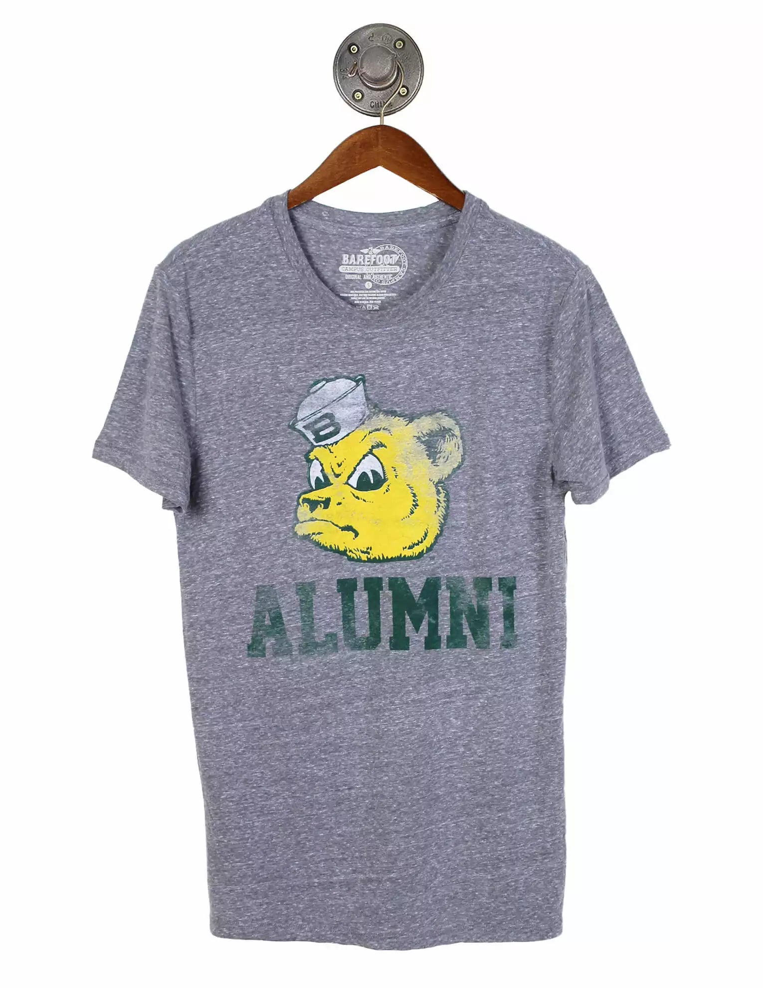 Gray t-shirt with a salior bear baylor university logo and 'ALUMNI' text on a hanger against a white background
