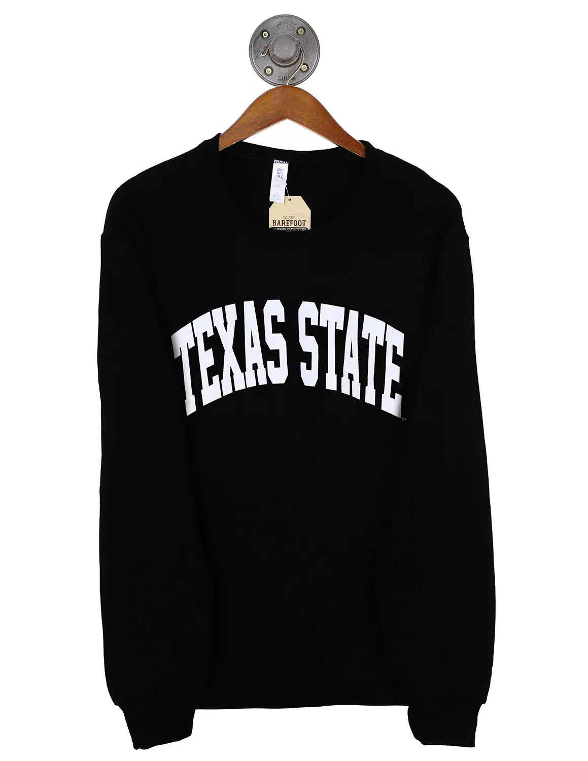 Black sweatshirt with 'Texas State' text on a hanger against a white background