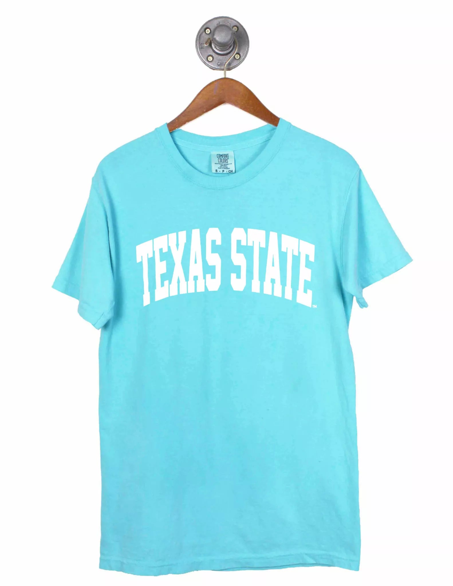 Light blue t-shirt with 'Texas State' text on a hanger against a white background