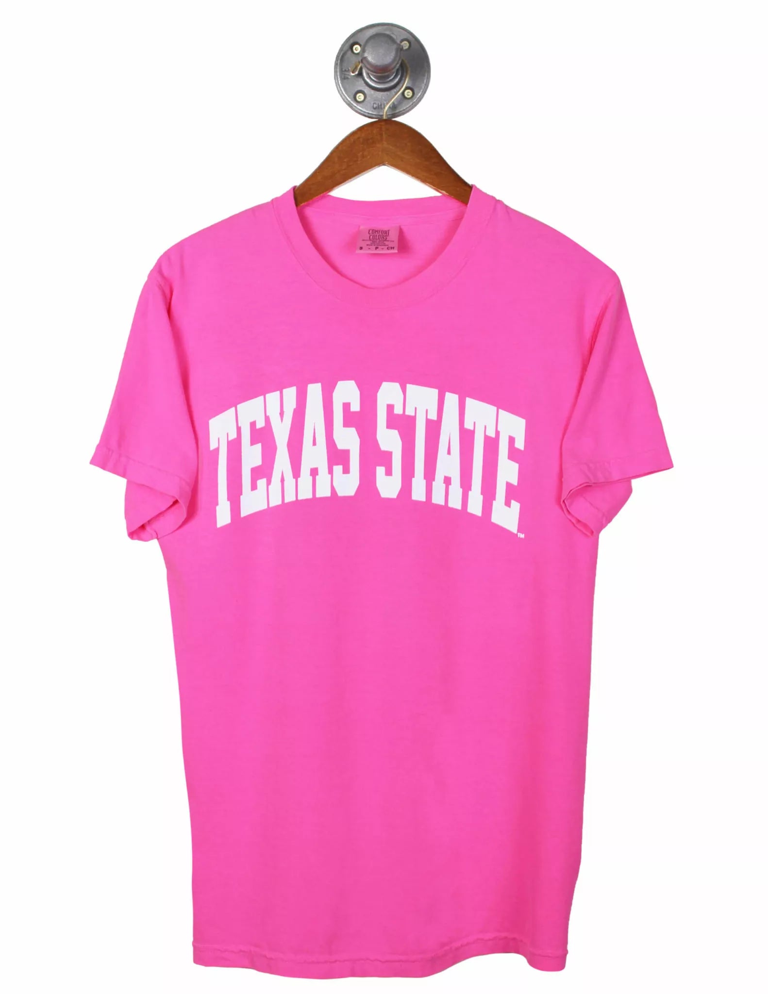 Pink t-shirt with 'TEXAS STATE' text on a hanger against a white background