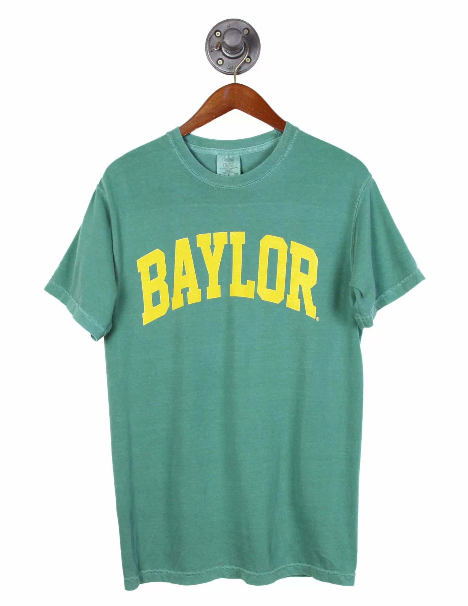 Green t-shirt with 'Baylor' printed in yellow on a hanger against a white background