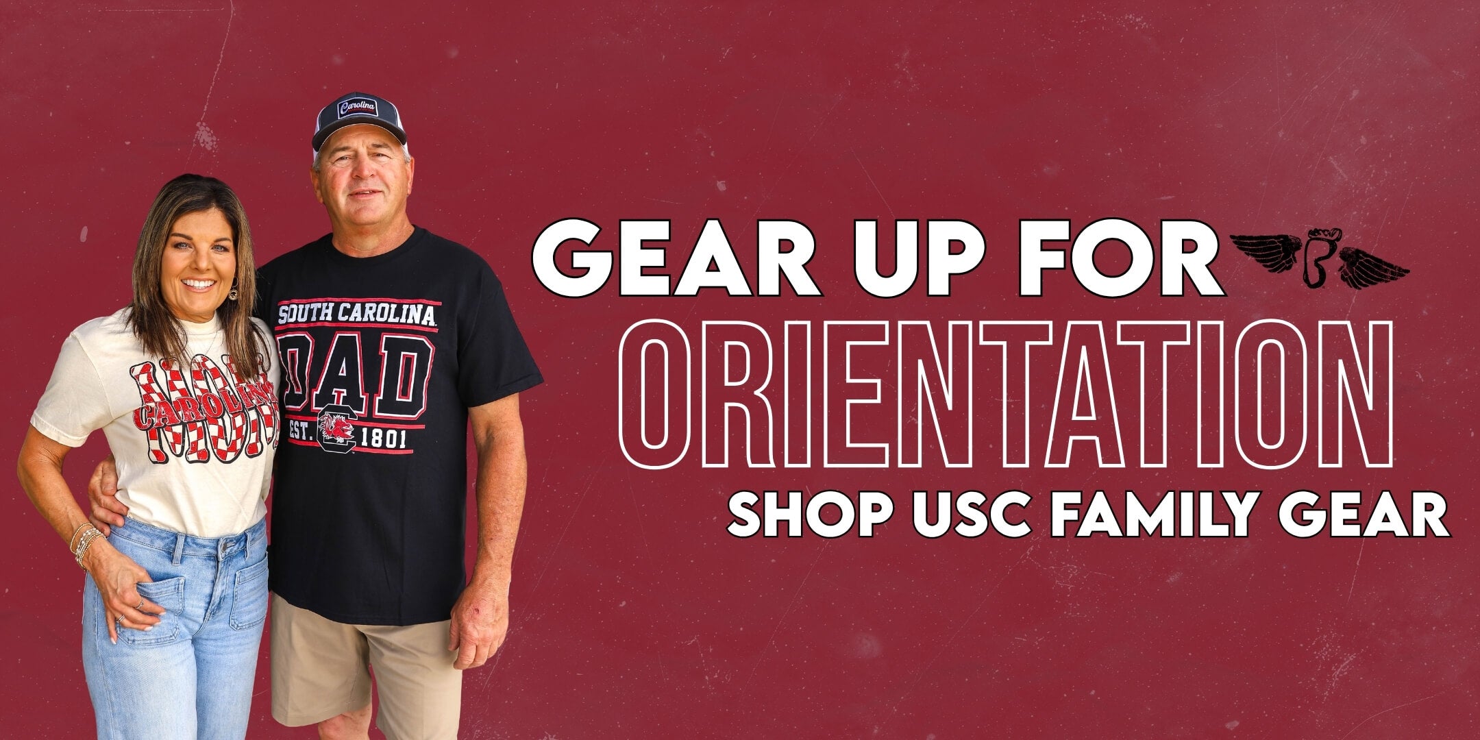 Couple wearing South Carolina attire stands smiling; text reads "Gear Up for Orientation, Shop USC Family Gear" on a maroon background.