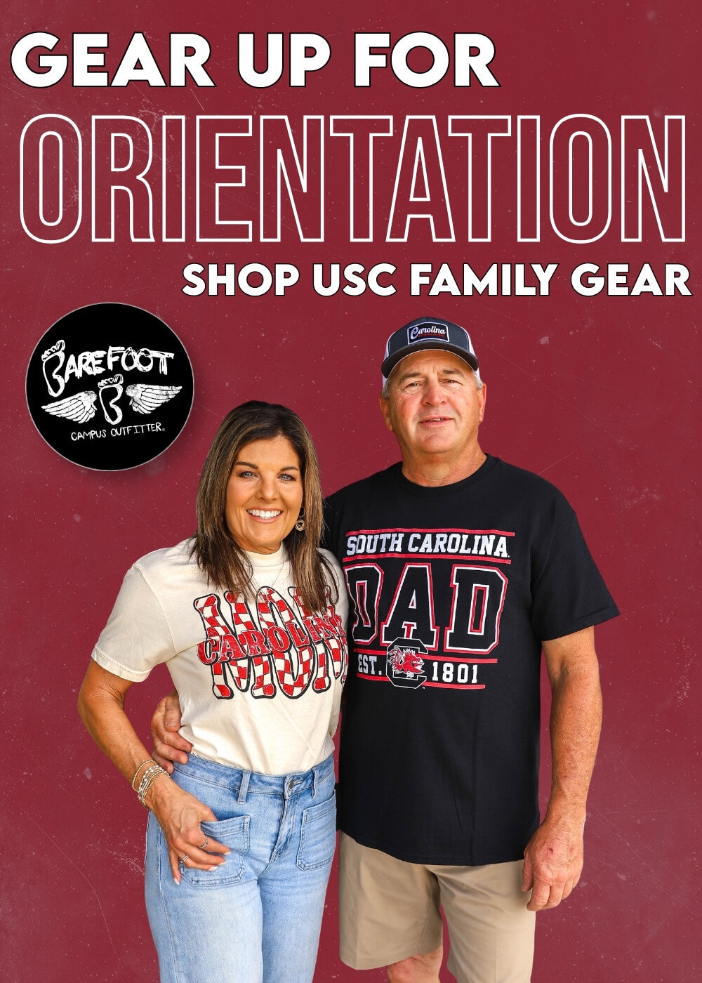 Couple wearing South Carolina attire stands smiling; text reads "Gear Up for Orientation, Shop USC Family Gear" on a maroon background.