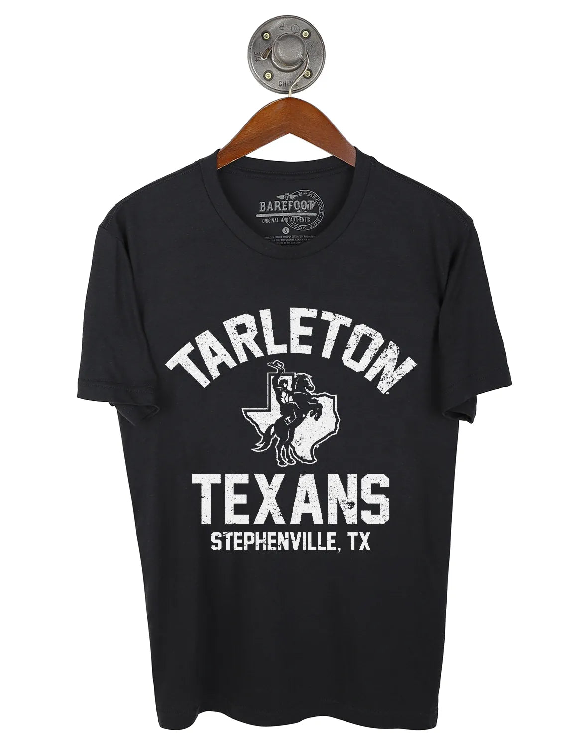 Black t-shirt with 'Tarleton Texans' design on a hanger