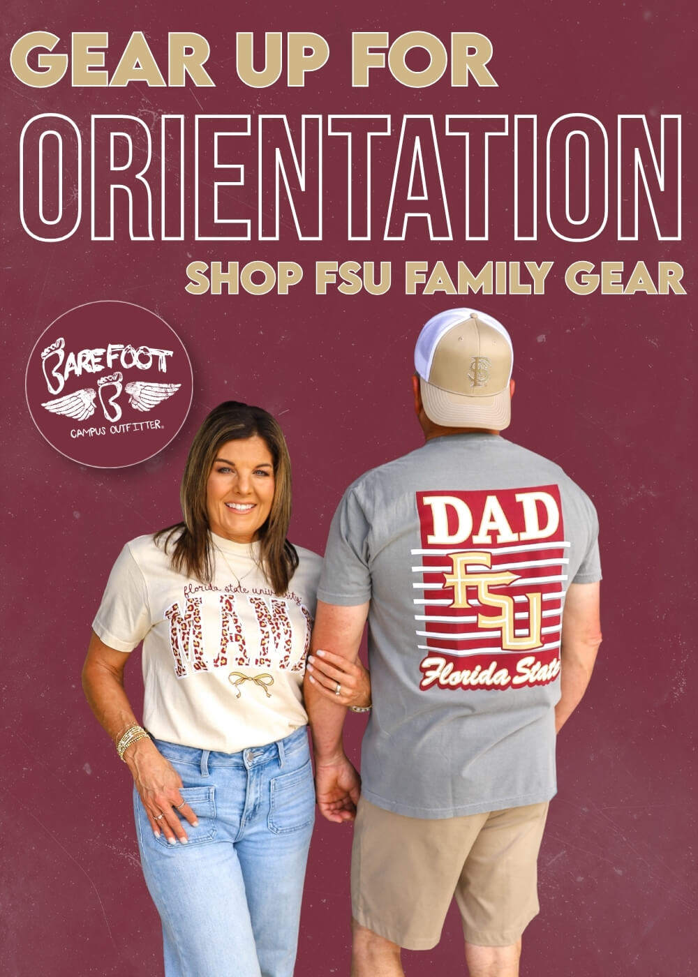 Couple wearing Florida State University gear on a maroon background. "Gear Up for Orientation" text promotes FSU family apparel. Both smiling.