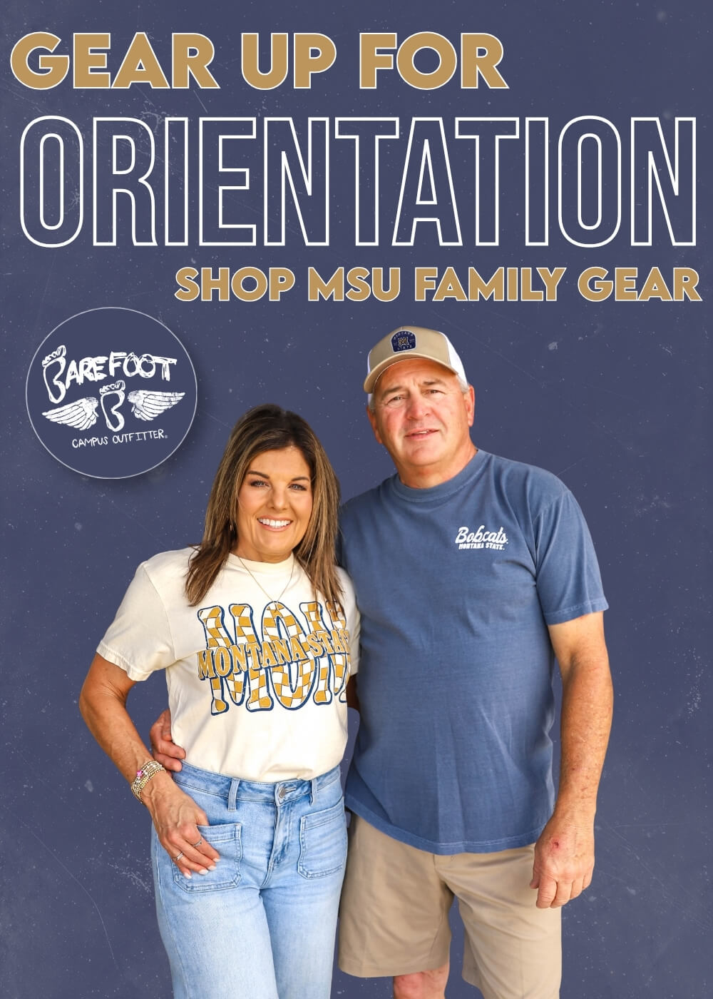 Smiling woman and man in casual wear pose against a dark blue background. Text reads, "Gear Up for Orientation. Shop MSU Family Gear."