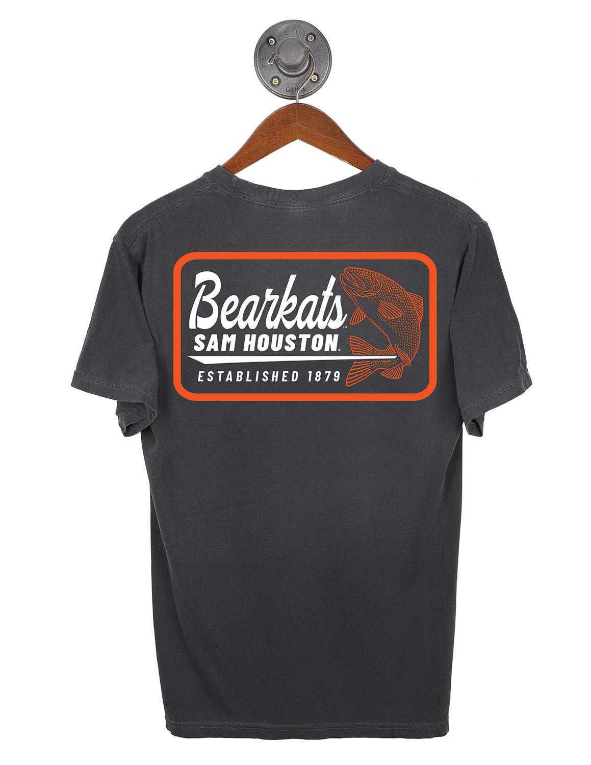 Black t-shirt with 'Bearkats Sam Houston' logo on a hanger against a white background