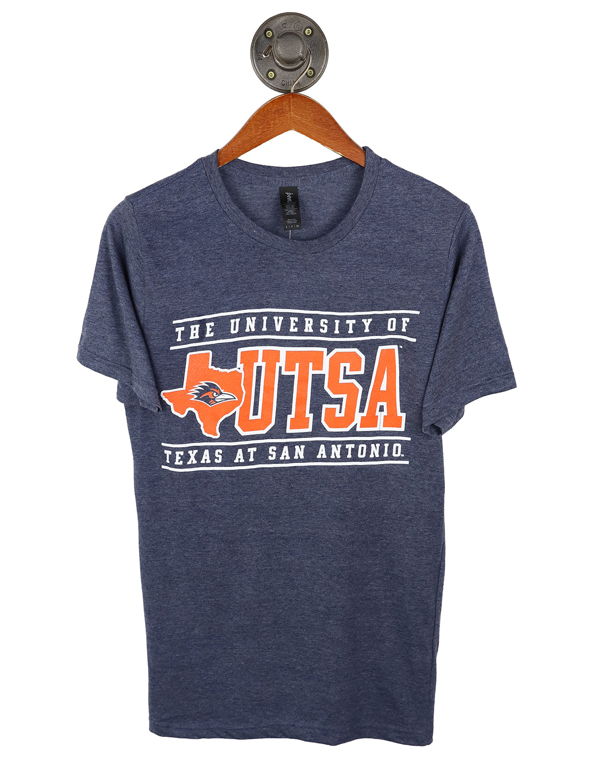 Blue t-shirt with UTSA logo on a hanger against a white background