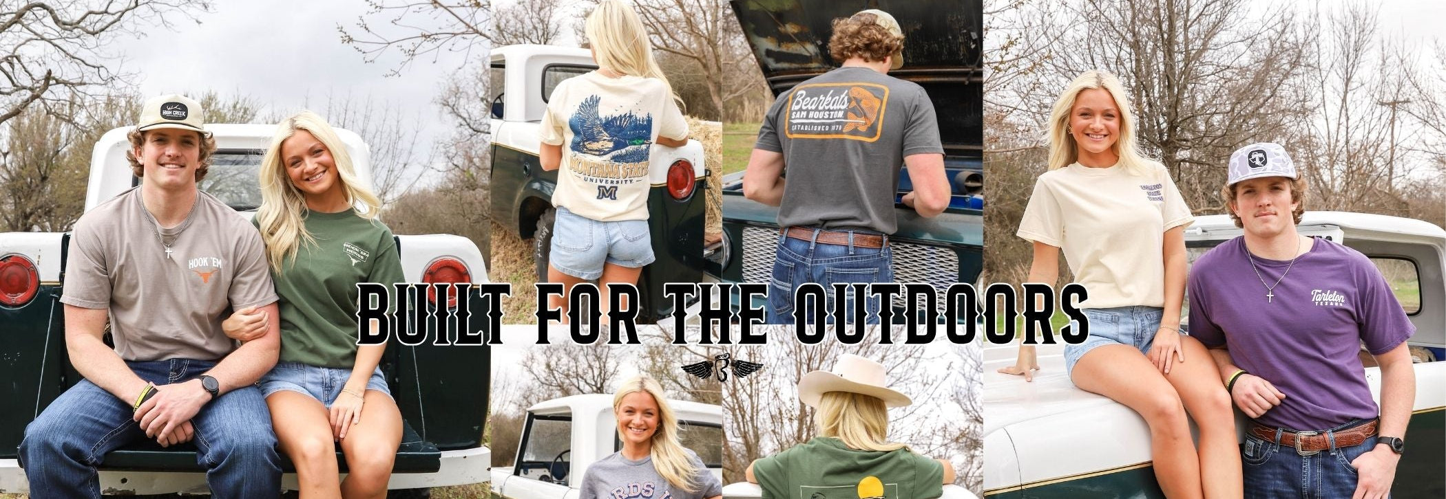 Collage of people outdoors with text 'Built for the Outdoors' on a truck.