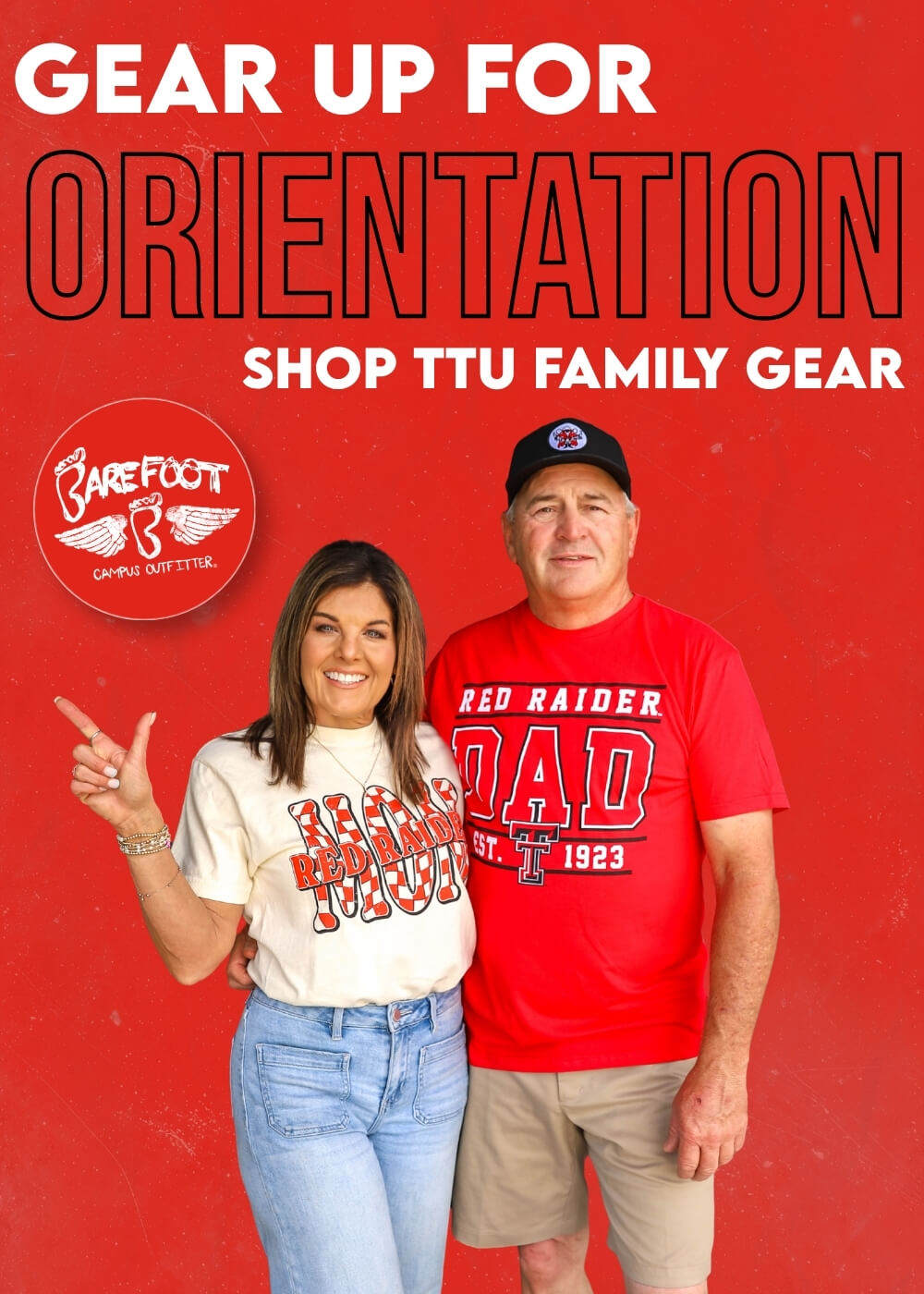 A smiling woman and a man with a "DAD" shirt stand against a red background. Text reads "Gear Up for Orientation. Shop TTU Family Gear."