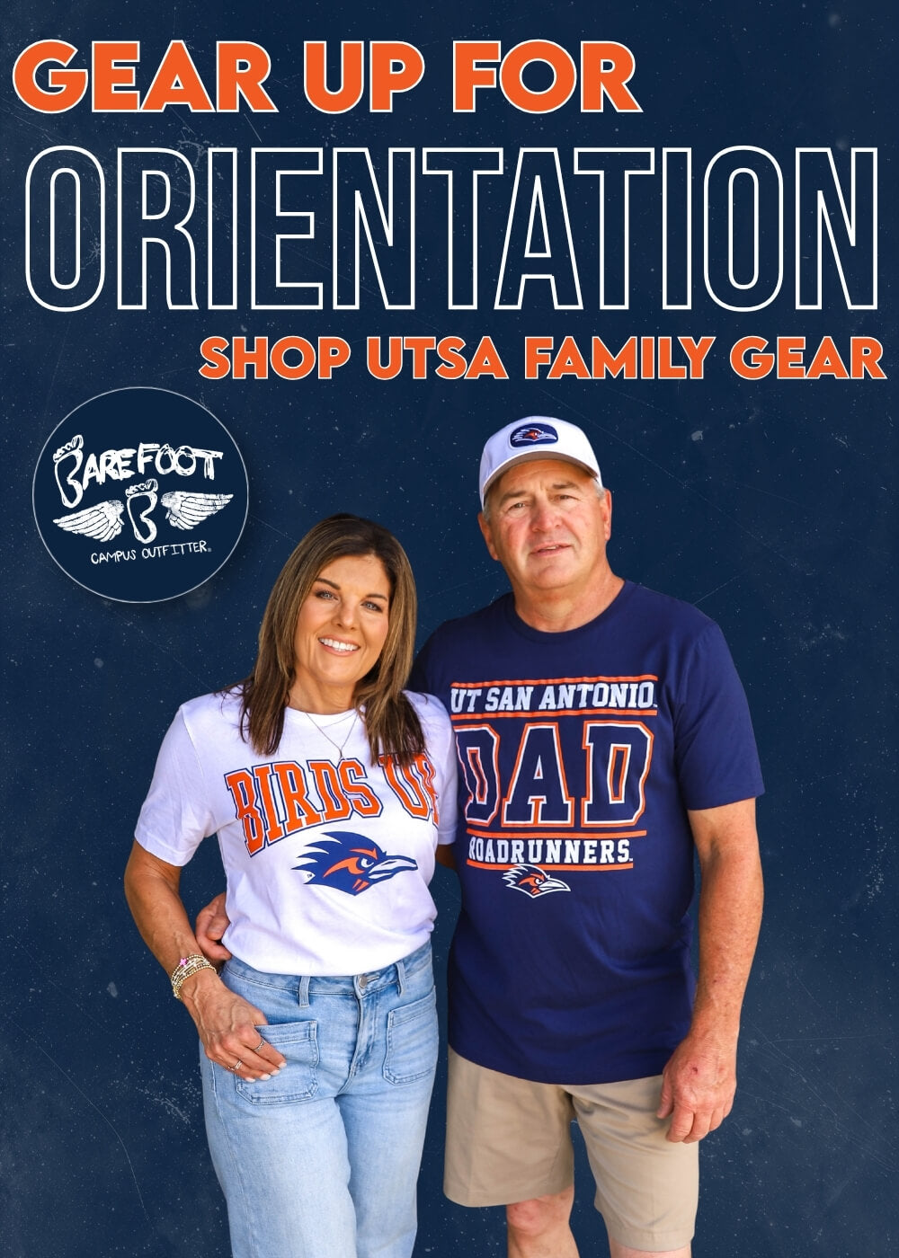 A smiling couple in UTSA shirts stands against a dark blue background. Bold text reads, "Gear Up for Orientation. Shop UTSA Family Gear."