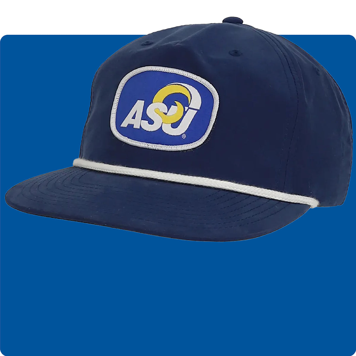 Blue unisex Angelo State University hat with ASU patch on a blue background