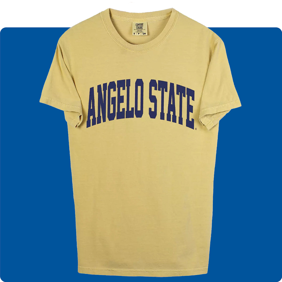 Yellow unisex Angelo State University tee with blue lettering on a blue background