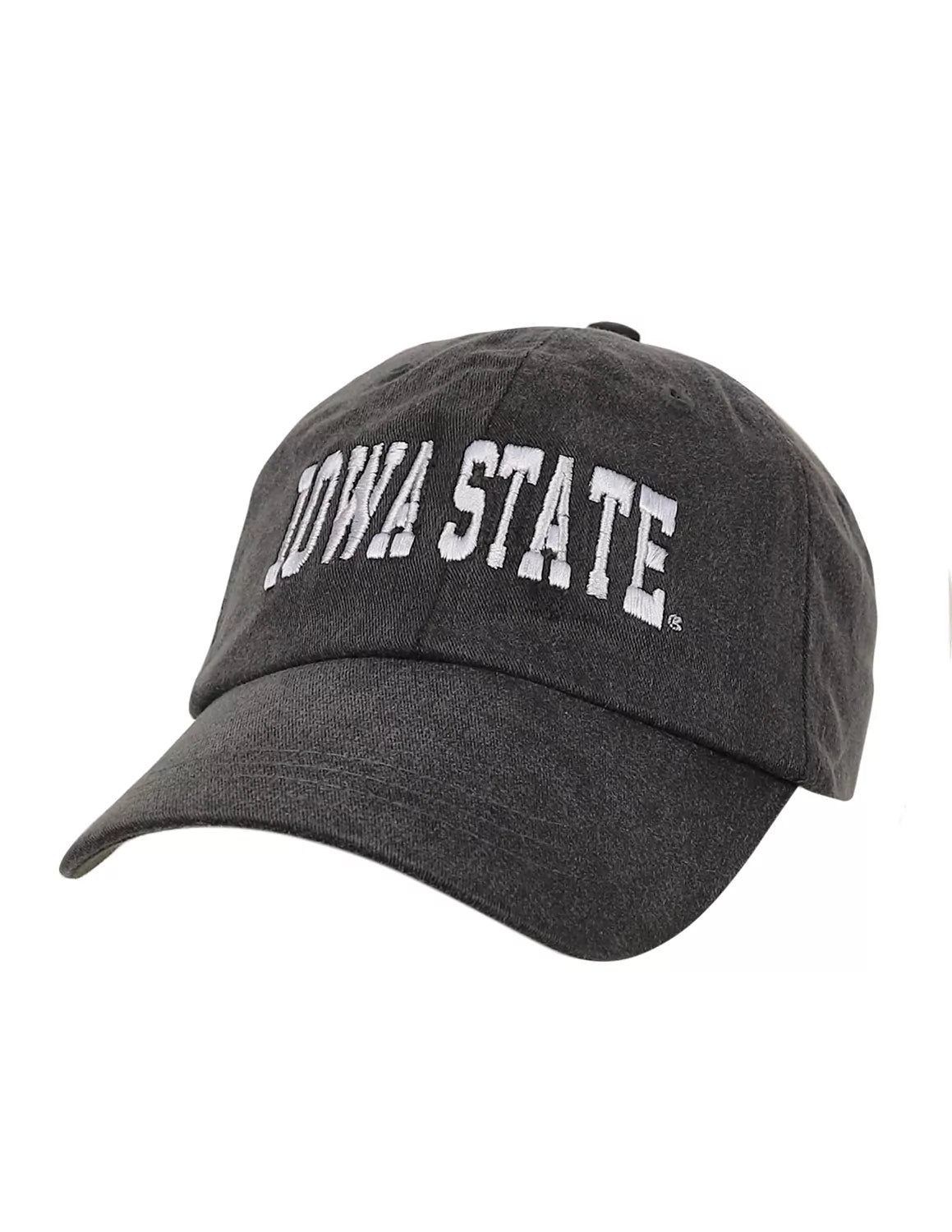 Black unisex Iowa State University adjustable hat with white stitching.