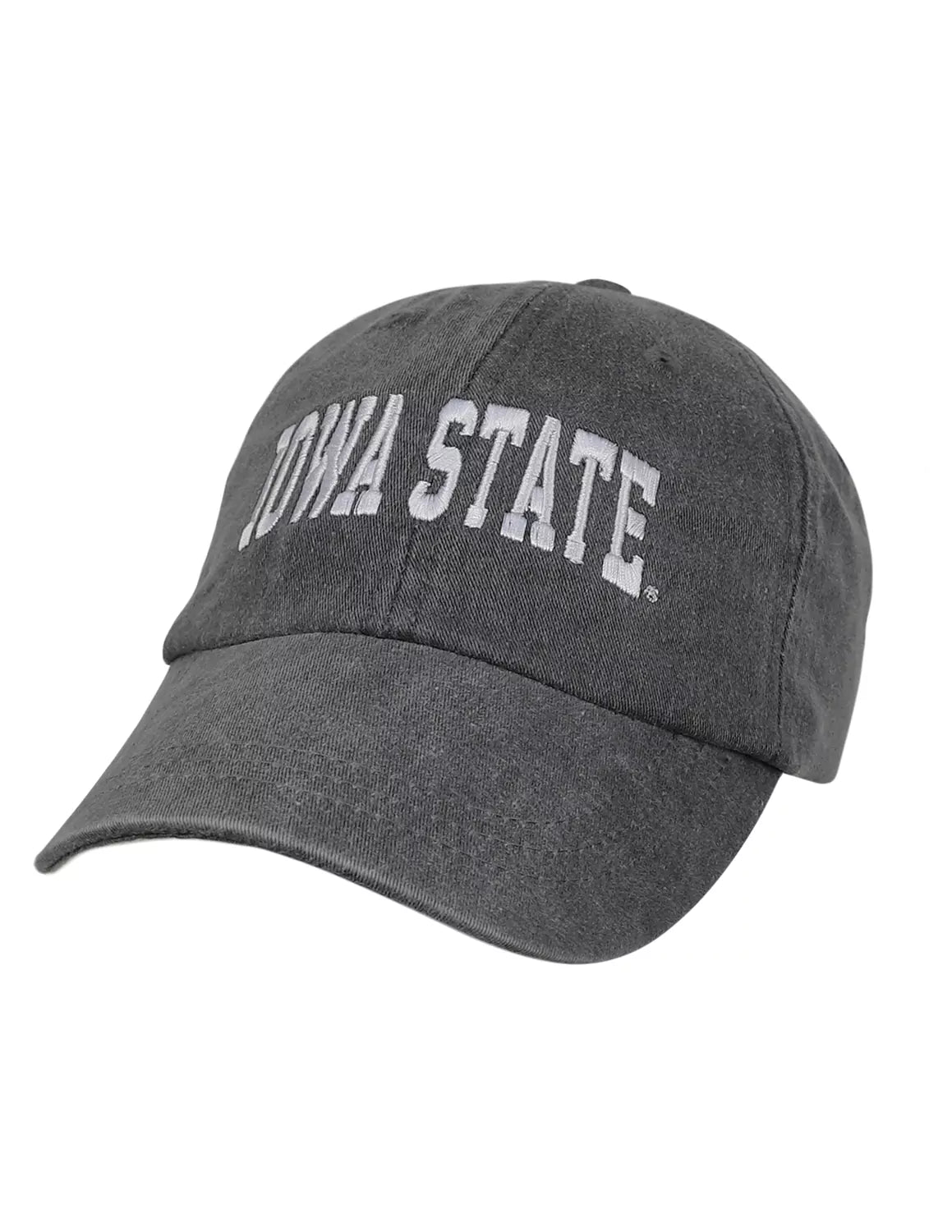 Charcoal unisex Iowa State University adjustable hat with white stitching.