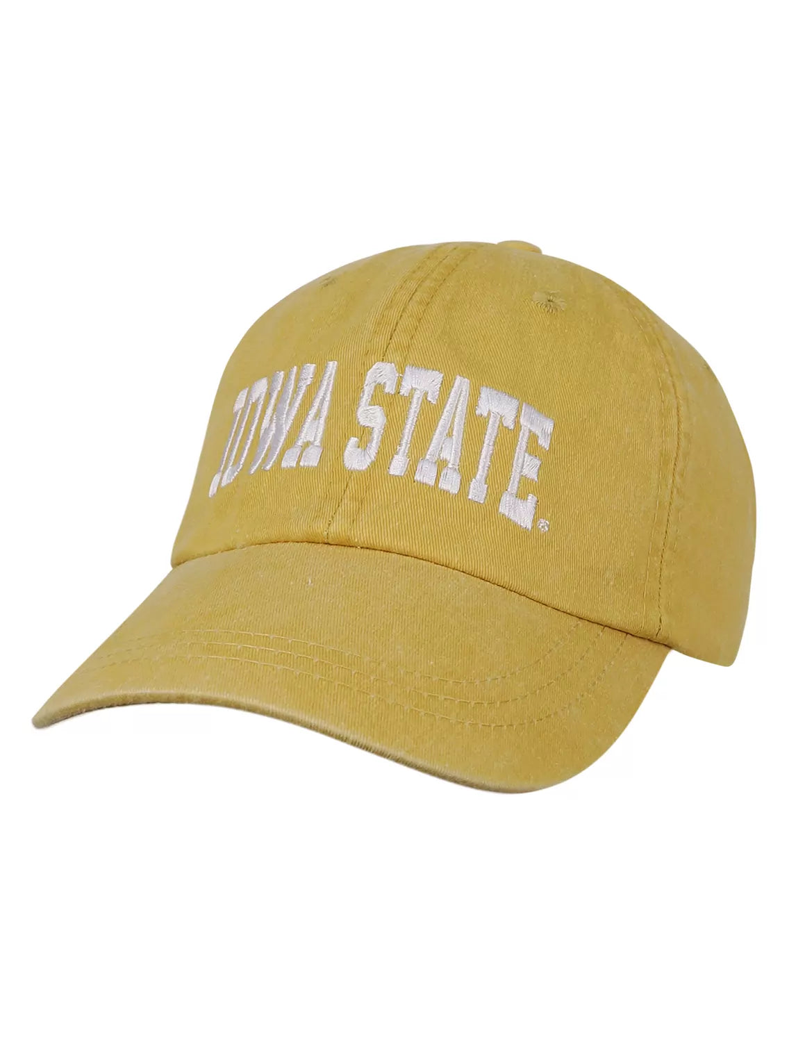 Mustard unisex Iowa State University adjustable hat with white stitching.