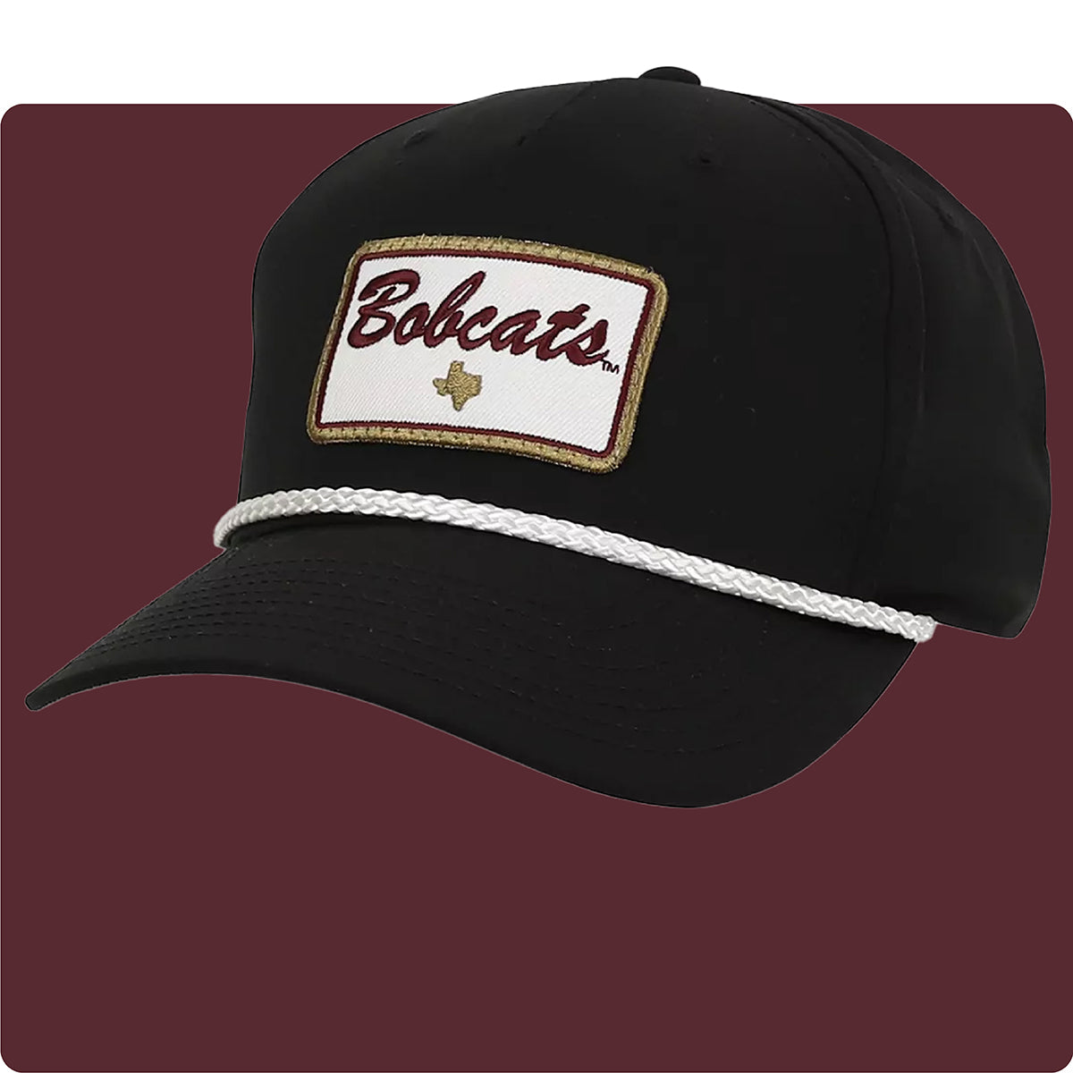 Black unisex Texas State University rope hat with a TXST patch on a maroon background