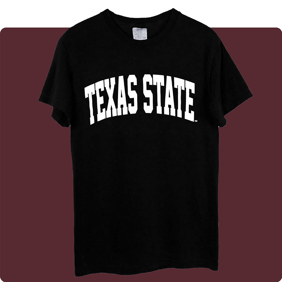 Black unisex Texas State University tee with white lettering on a maroon background