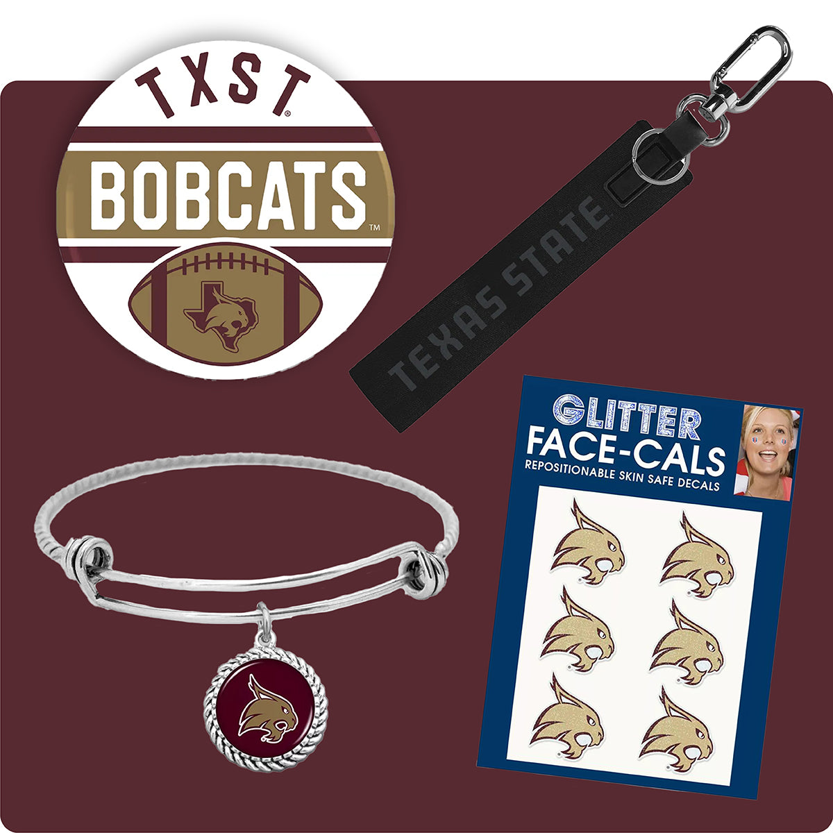Texas State University accessories for TXST gameday on a maroon background