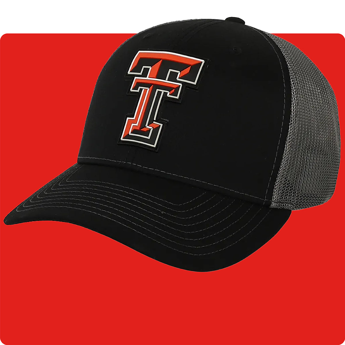 Black unisex Texas Tech University mesh hat with TTU patch on a red background