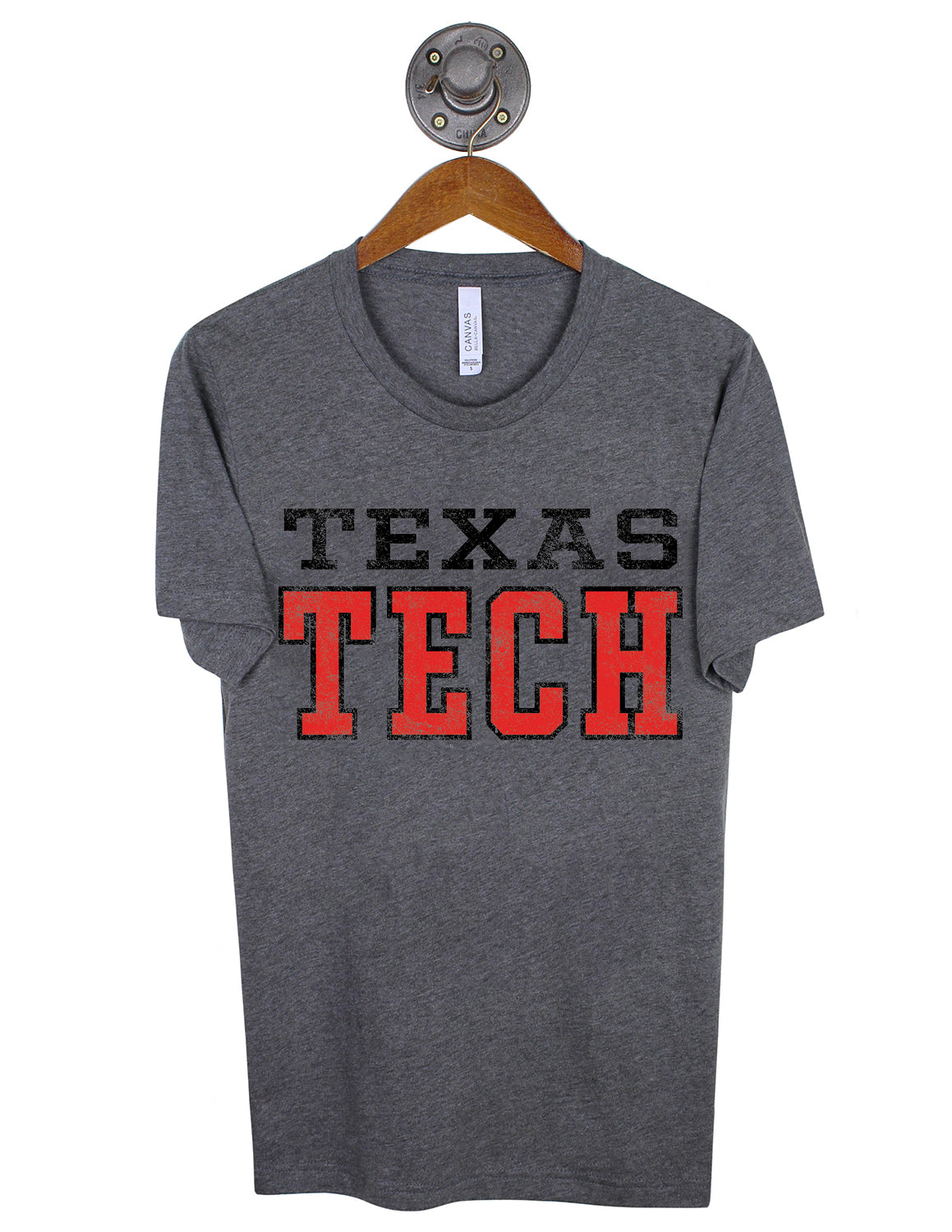 Heather grey Texas Tech University unisex short-sleeve t-shirt that features red and black lettering.