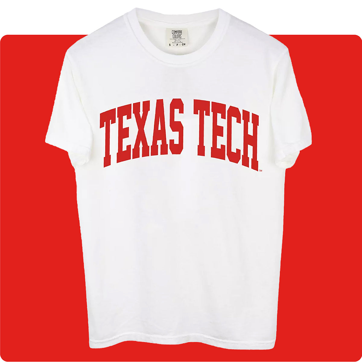 White unisex Texas Tech University t shirt with red lettering on a red background