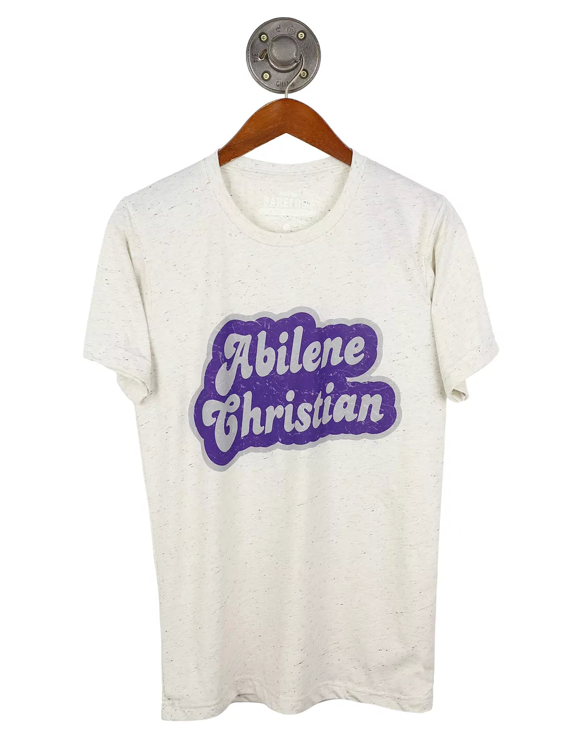 Oatmeal Abilene Christian University unisex t-shirt with purple and grey lettering.