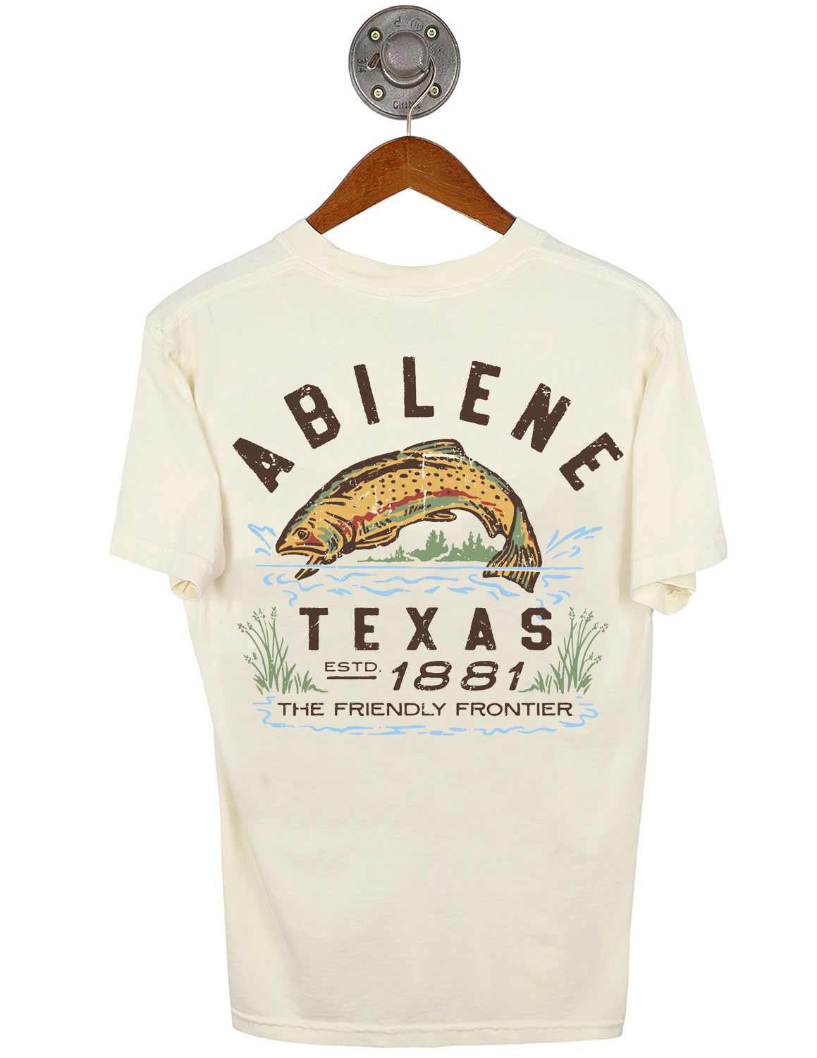 Back-view of ivory Abilene, Texas unisex short-sleeve t-shirt that features a fish jumping out of water graphic with brown lettering.