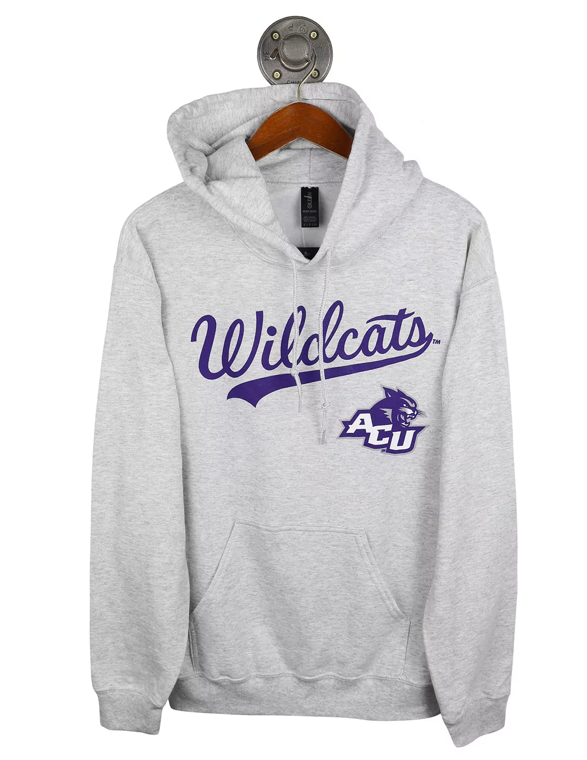 Ash grey Abilene Christian University Gildan unisex hoodie with purple lettering and ACU logo.