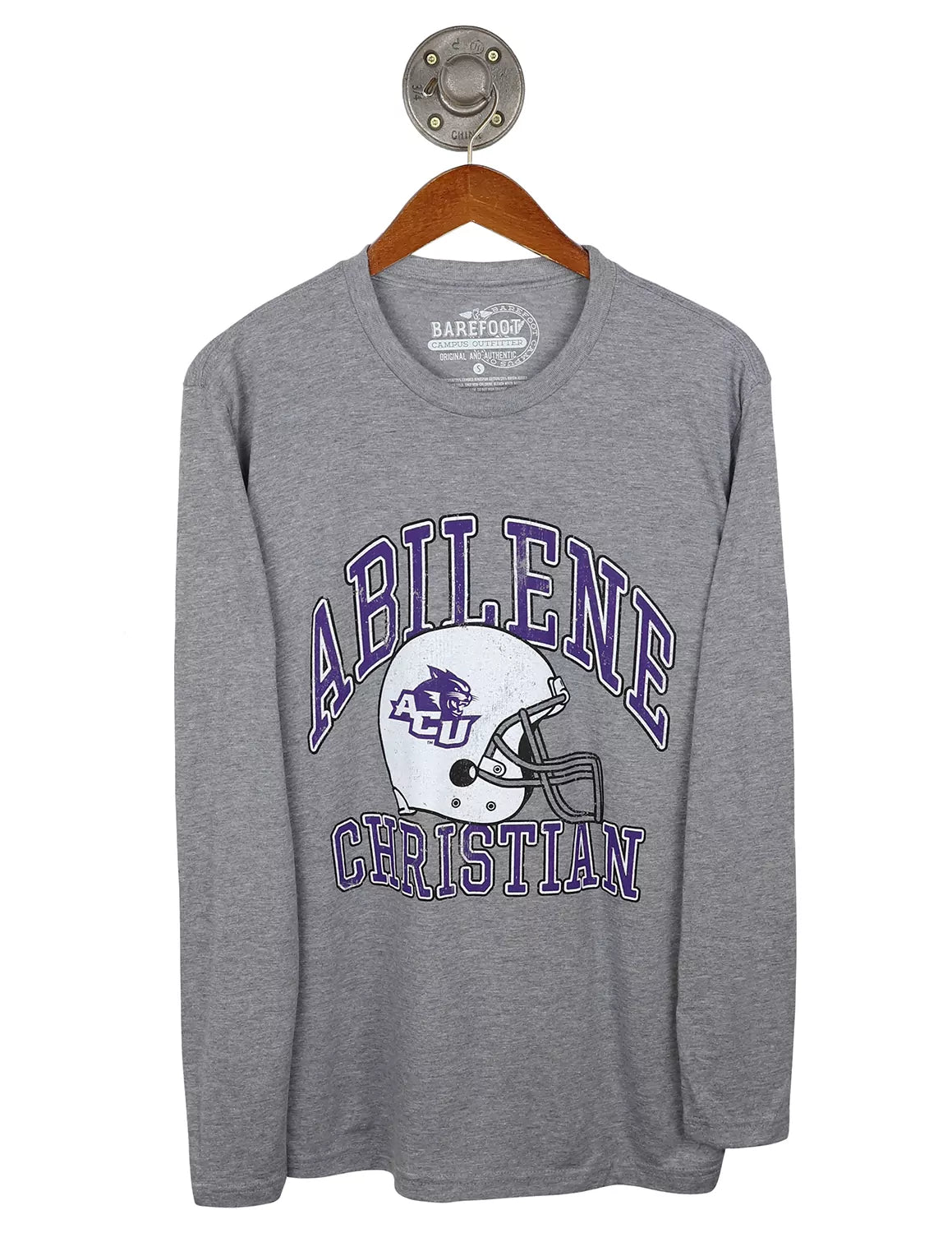 Heather grey Abilene Christian University unisex long-sleeve t-shirt with a helmet graphic and purple lettering.
