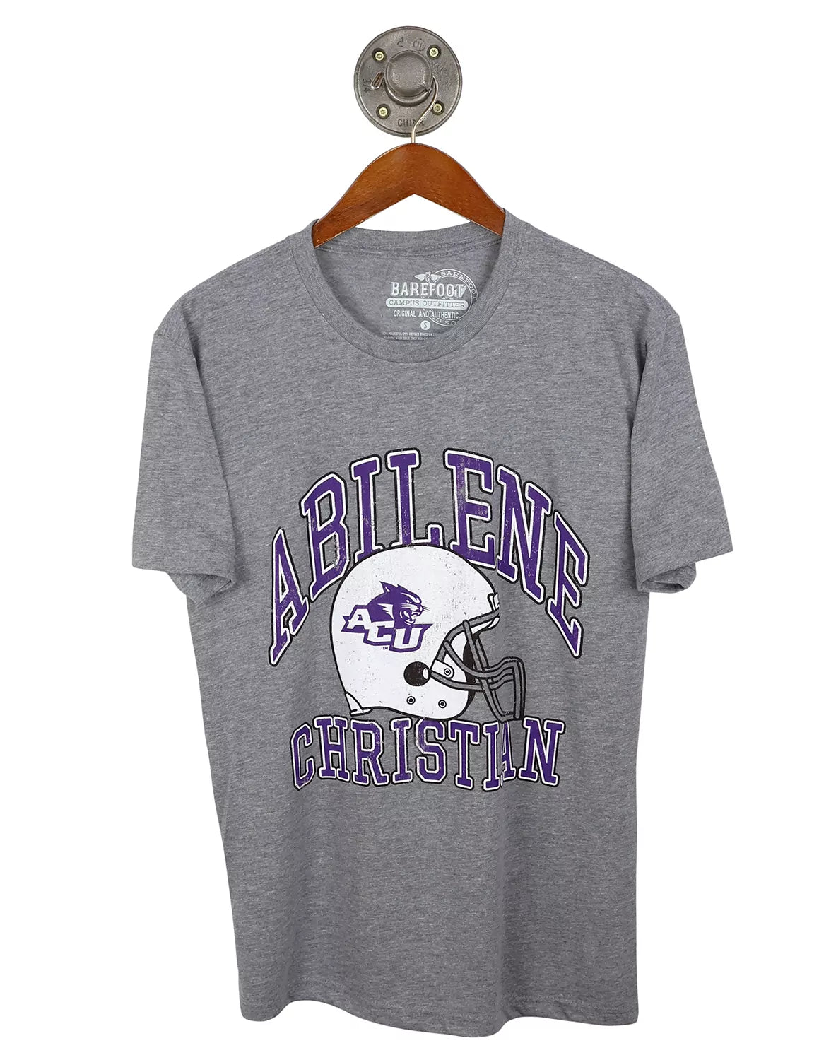 Heather grey Abilene Christian University unisex t-shirt with a helmet graphic and purple lettering.