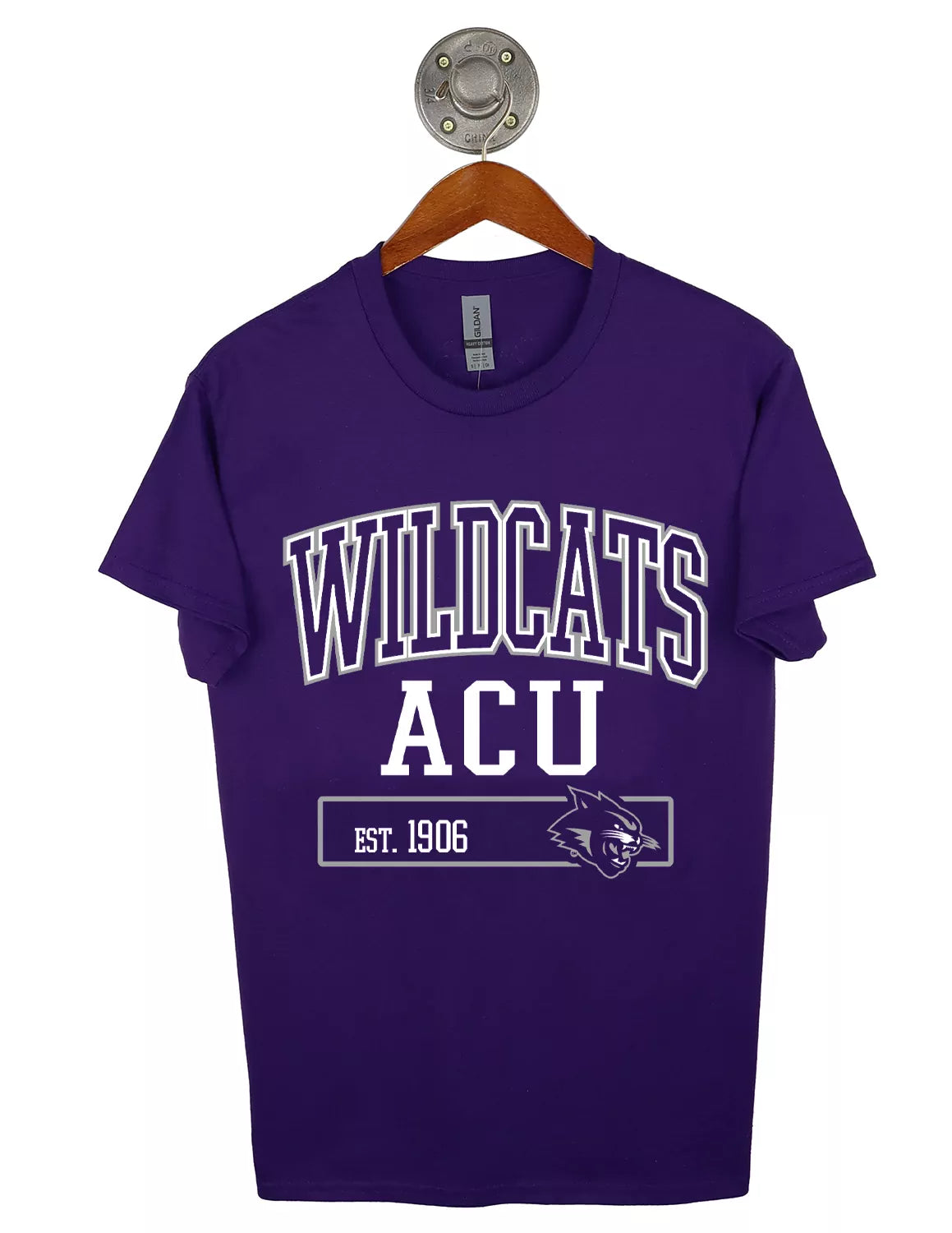 Purple Abilene Christian University unisex Gildan t-shirt with white lettering and a ACU Wildcat logo.