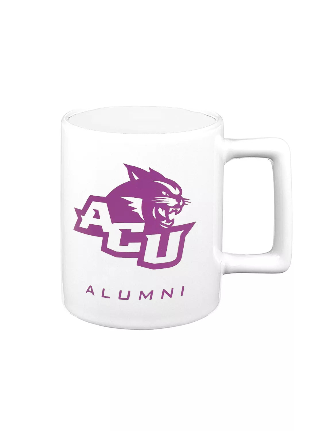 White Abilene Christian University ceramic mug with a purple ACU logo and "alumni" text.
