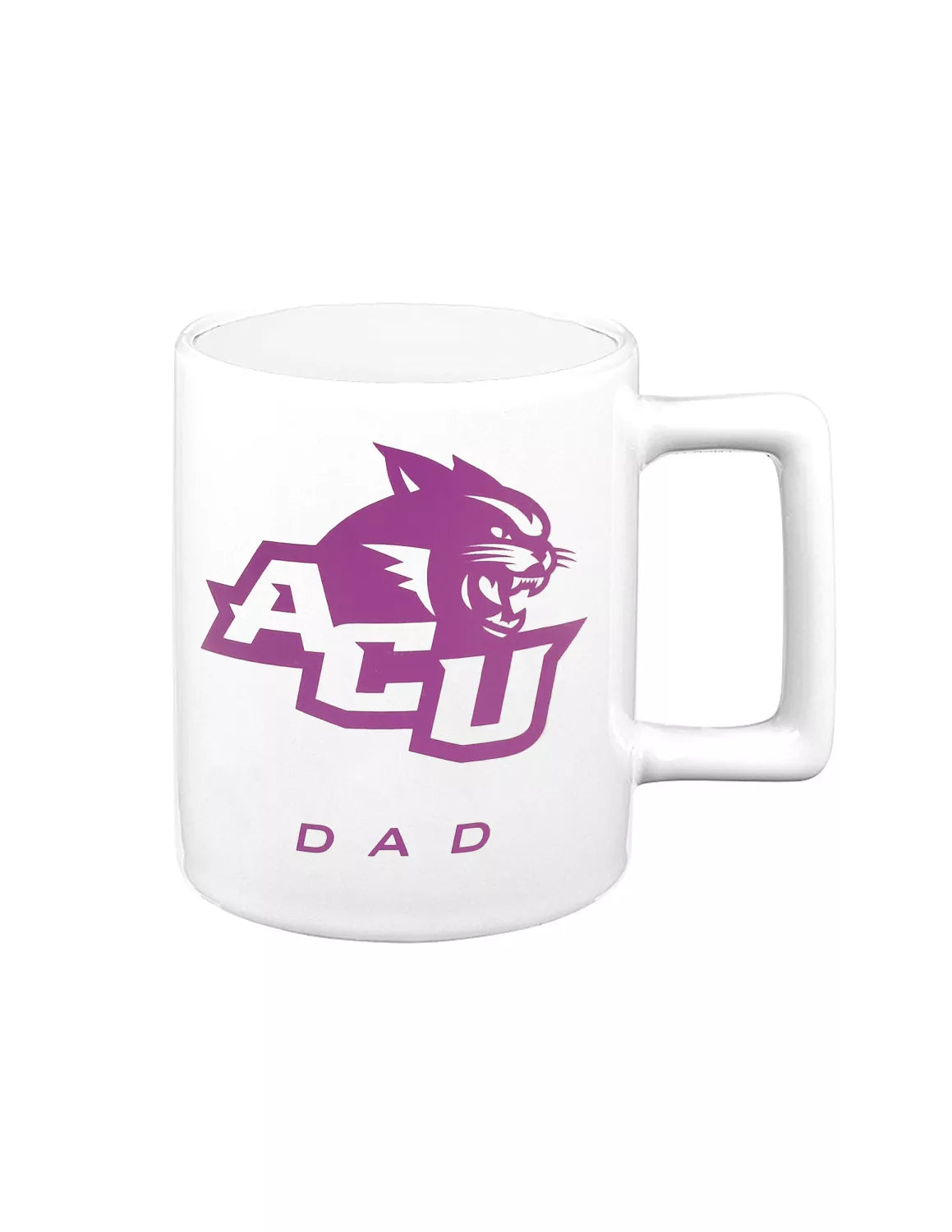 White Abilene Christian University ceramic mug with a purple ACU logo and "Dad" text.