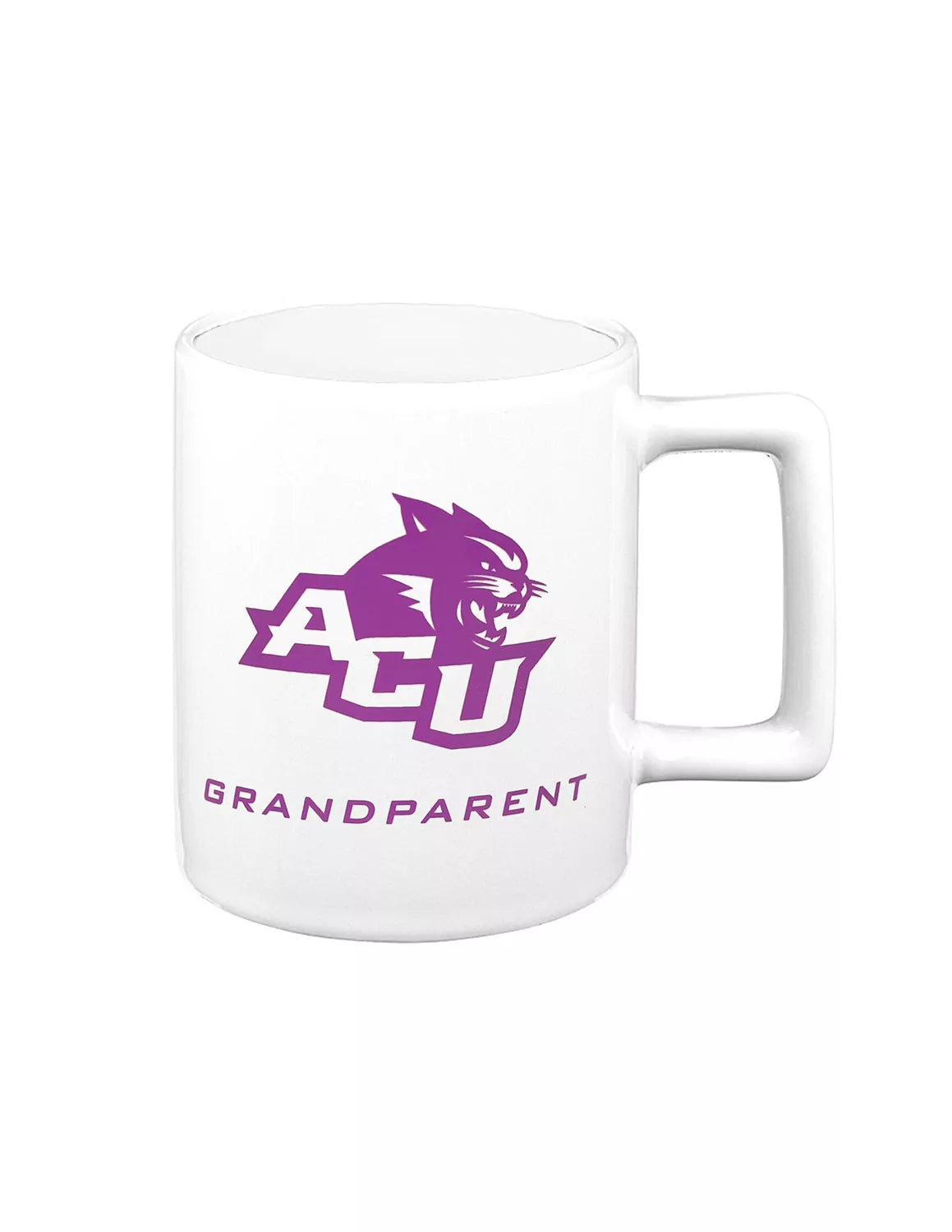 White Abilene Christian University mug with a purple ACU logo and "grandparent" lettering.