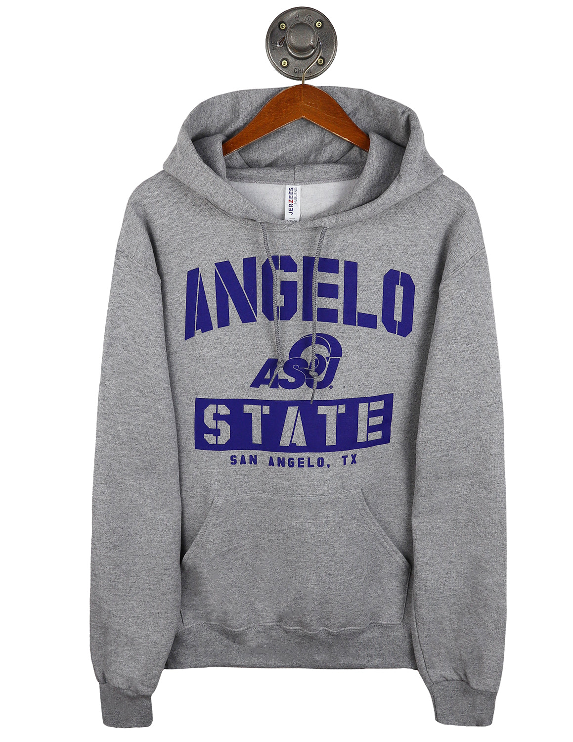 Heather grey Angelo State University unisex hoodie that features a ASU logo logo in the middle with blue lettering.