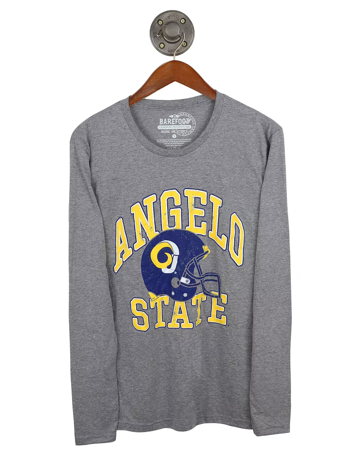 Heather grey Angelo State University unisex long-sleeve t-shirt with a helmet graphic and gold and blue lettering.