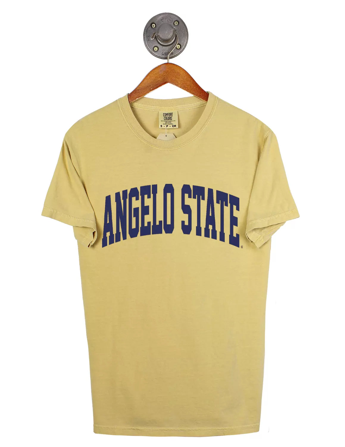 Mustard Angelo State University Comfort Colors unisex t-shirt with blue lettering.