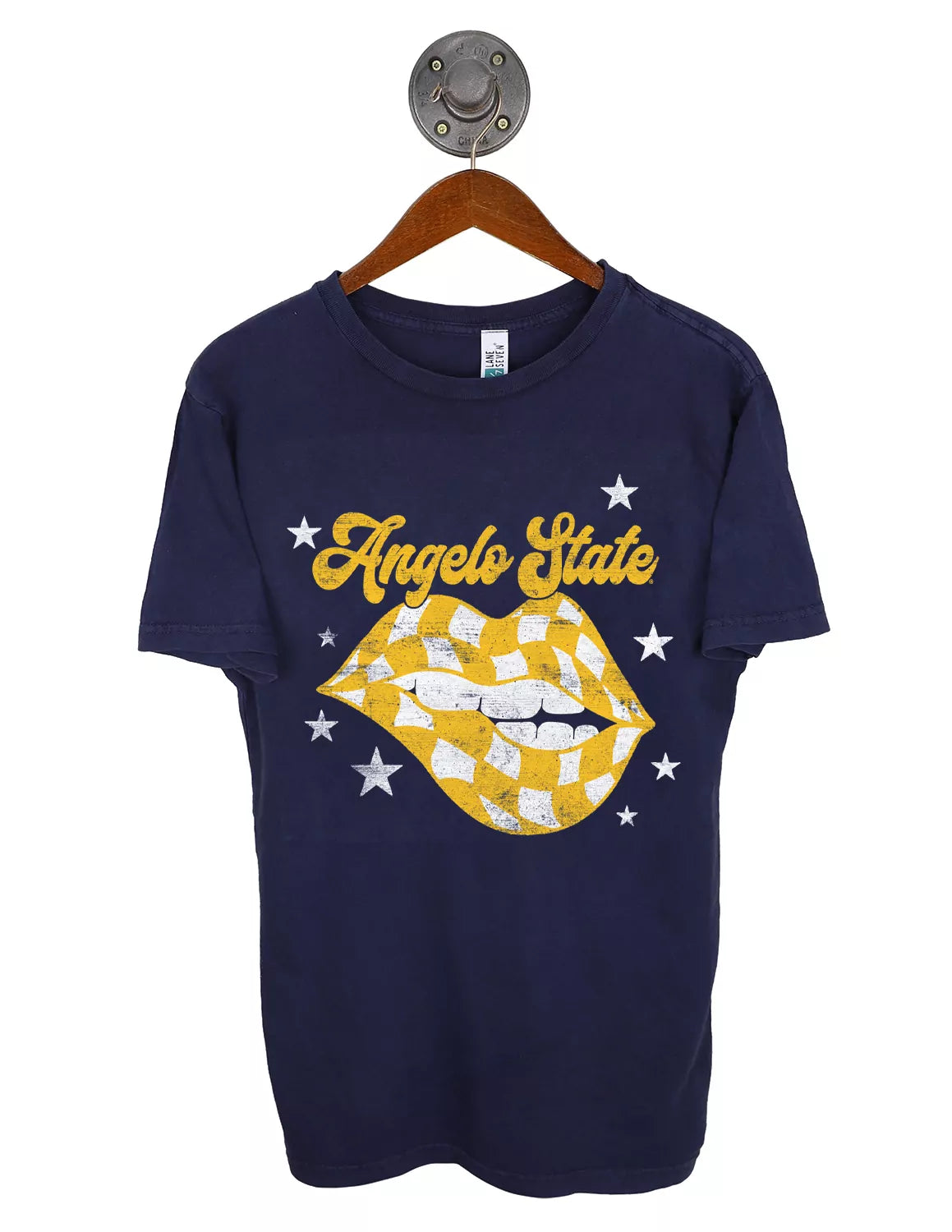 Navy blue Angelo State University unisex t-shirt with a checkered gold and white lips graphic surrounded by white stars.