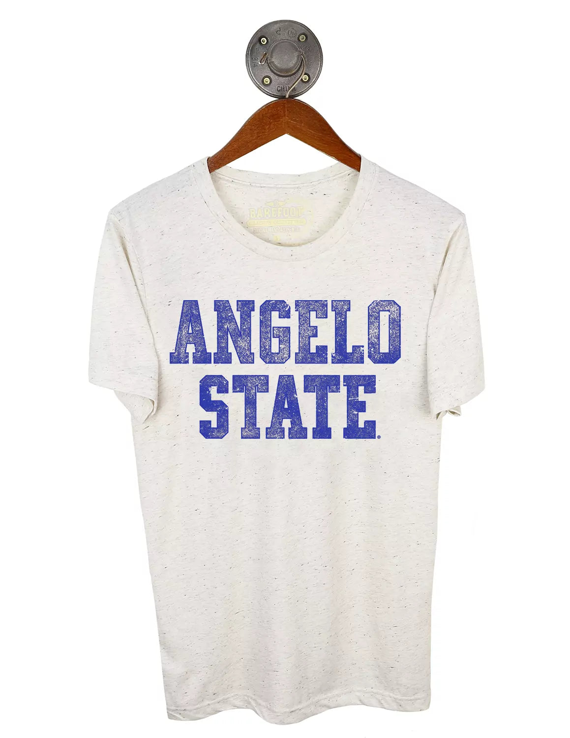 Oatmeal Angelo State University unisex t-shirt with royal blue lettering.