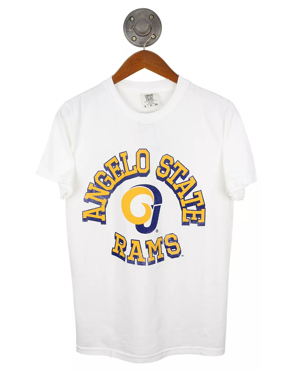 White Angelo State University comfort colors t-shirt with gold and royal print.