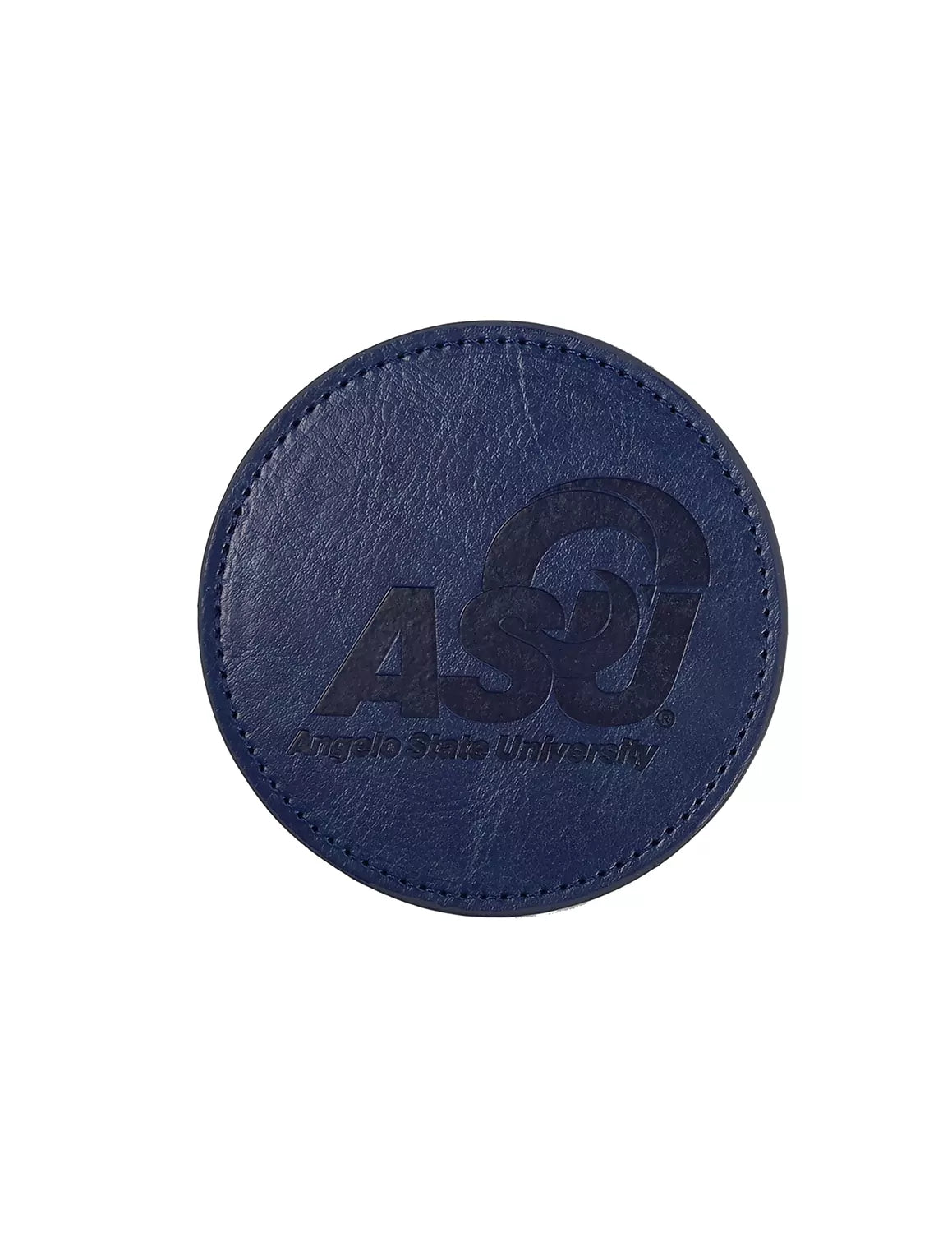 Navy Anglo State University leather coaster with a ASU Logo.