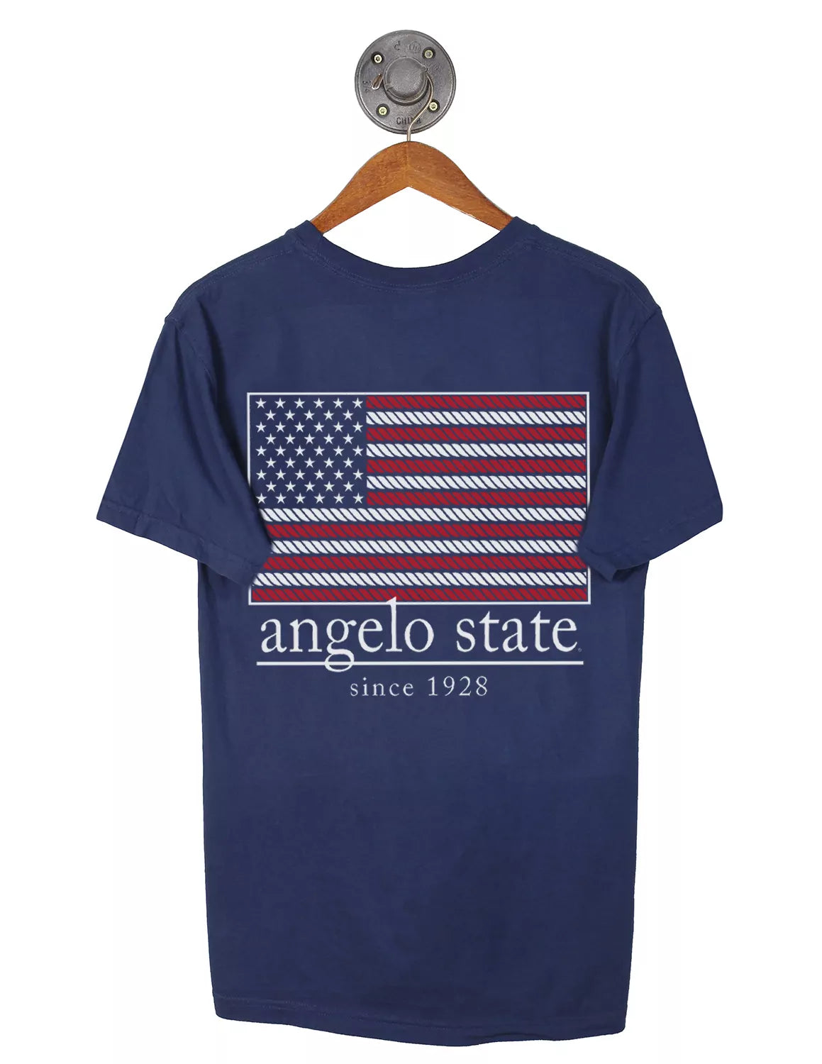 Back view of navy Angelo State University comfort colors t-shirt with a American flag graphic with white lettering.