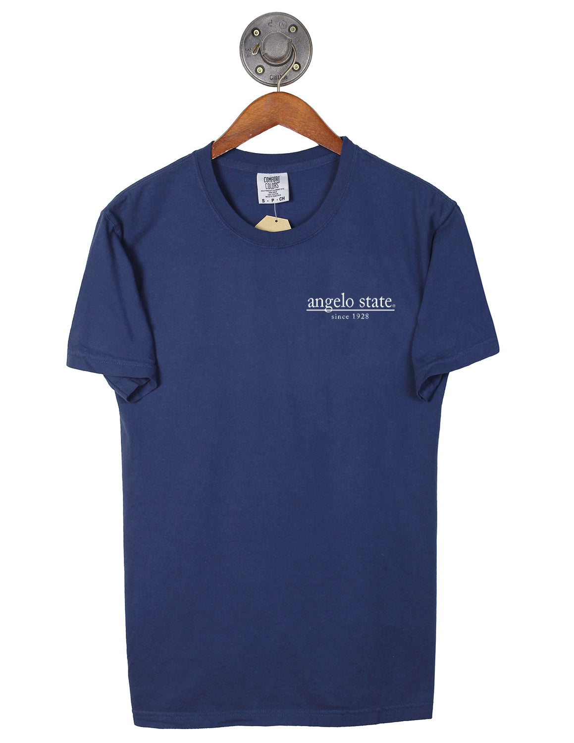 Front view of navy Angelo State University comfort colors t-shirt with white lettering on the left chest.