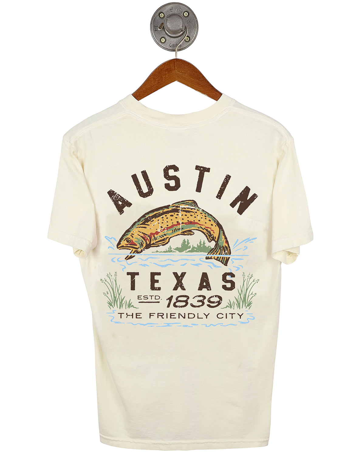 Back-view of ivory unisex Austin, Tx Comfort Colors t-shirt that features a bass jumping out of water graphic with brown lettering.