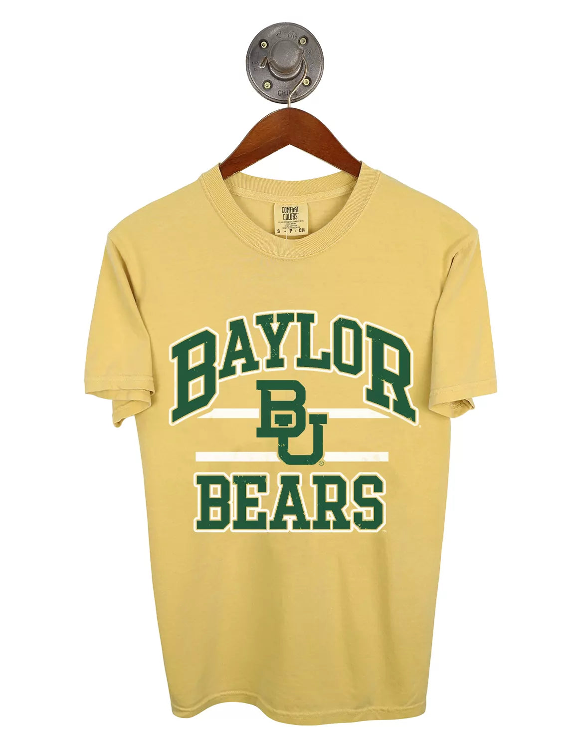 Mustard unisex Baylor University Comfort Colors t-shirt that features a BU logo with green and white lettering.